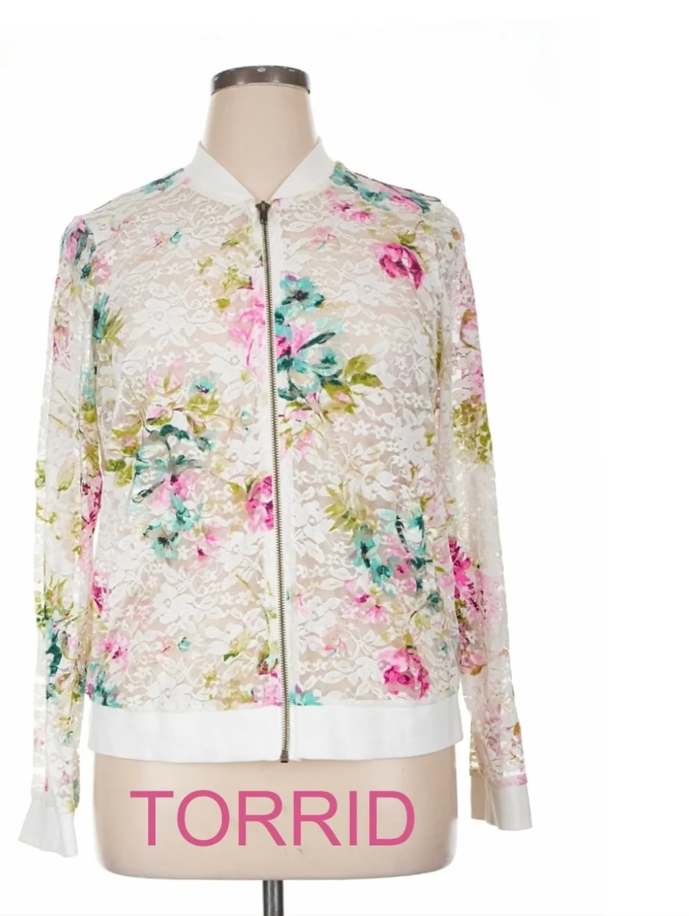 TORRID White Lace ZIP UP Floral Bomber Jacket with Pink & Teal Accents NICE 👀 - Picture 1 of 3